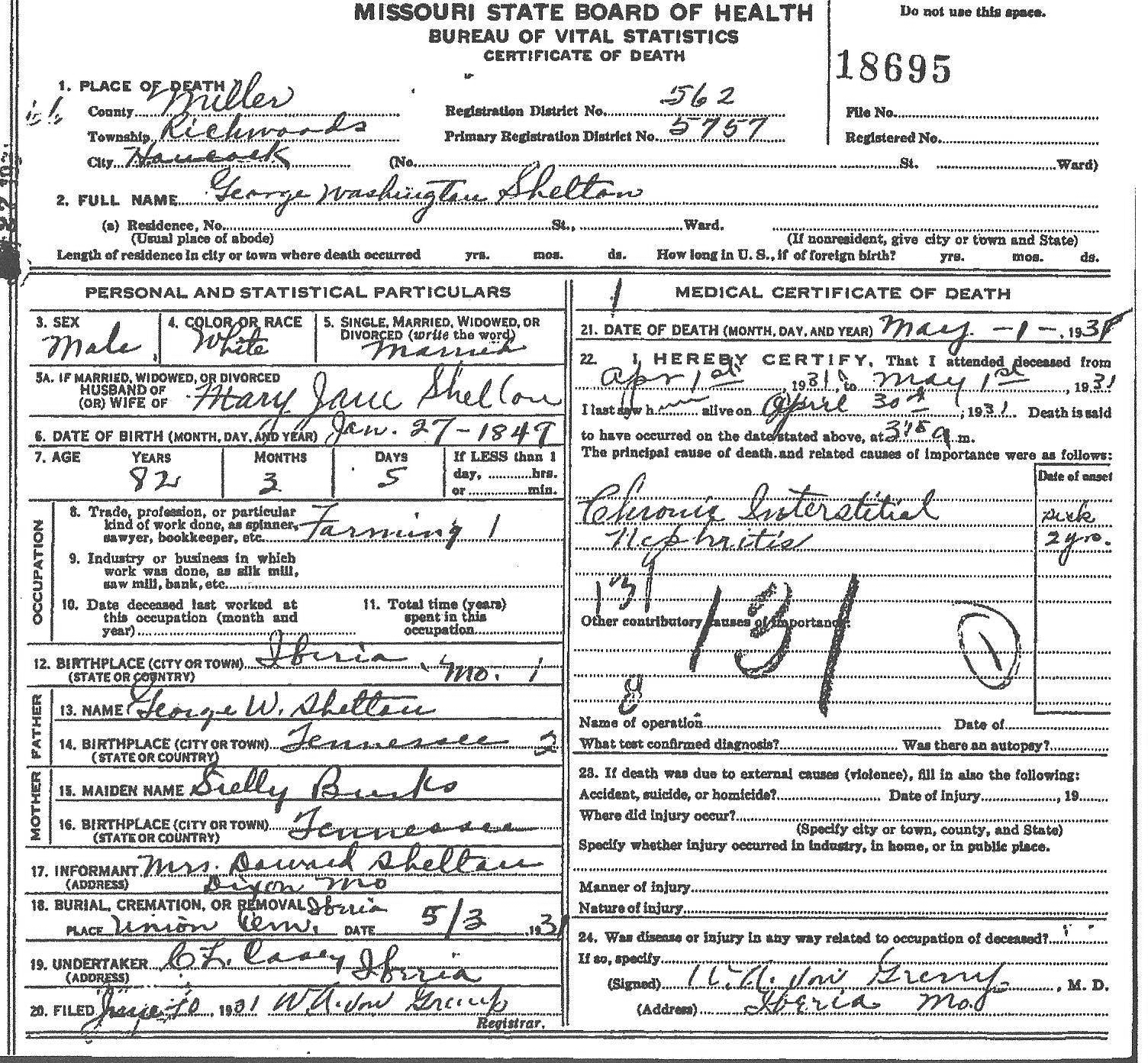 George 'Wash' Washington Shelton Death Certificate